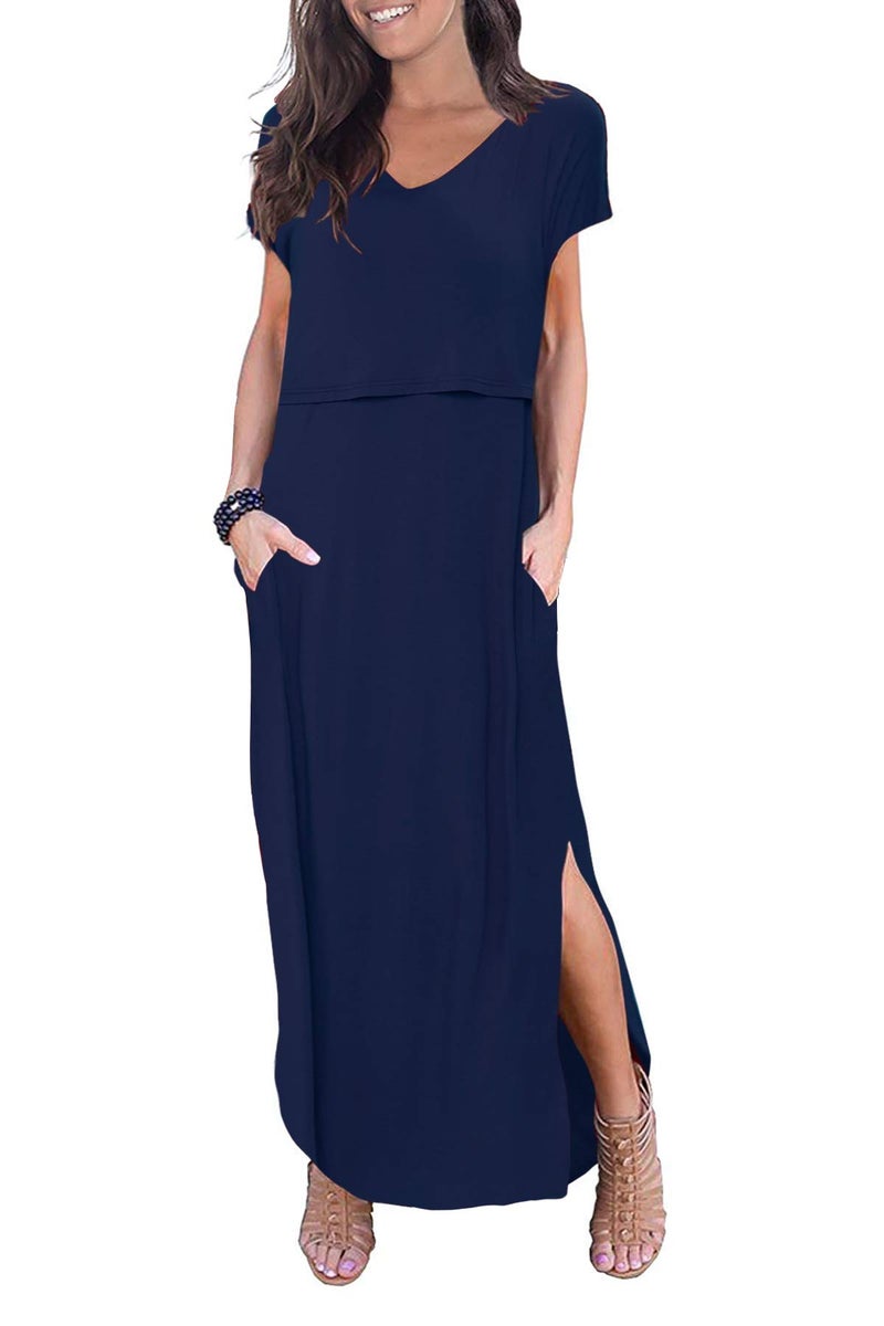 Smallshow Women's Maternity Nursing Dresses Split Long Dress for Breastfeeding Large Dark Blue - Image 1
